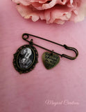 Bride or Groom Antique Bronze Photo Lapel Pin with a Heart Charm Attached