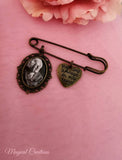 Bride or Groom Antique Bronze Photo Lapel Pin with a Heart Charm Attached