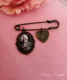 Bride or Groom Antique Bronze Photo Lapel Pin with a Heart Charm Attached