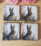 Set of 4 Slate Hare Decoupaged Coasters