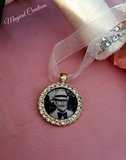 Gold Coloured Rhinestone Edging Photo Boutonniere Lapel Pin.