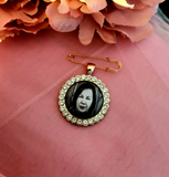 Rose Gold Coloured Rhinestone Edging Photo Boutonniere Lapel Pin.