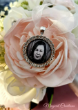 Silver Coloured Rhinestone Edging Photo Boutonniere Lapel Pin.
