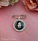 Silver Coloured Rhinestone Edging Photo Boutonniere Lapel Pin.