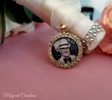 Gold Coloured Rhinestone Edging Photo Boutonniere Lapel Pin.