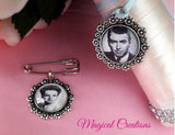 Bride and Groom Matching Photo Bouquet Charm and Lapel Pin.
