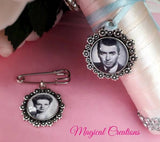 Bride and Groom Matching Photo Bouquet Charm and Lapel Pin.