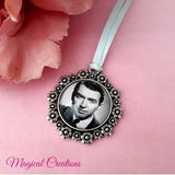 Bride and Groom Matching Photo Bouquet Charm and Lapel Pin.