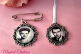 Bride and Groom Matching Photo Bouquet Charm and Lapel Pin.