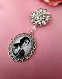 Single or Double Photo Bouquet Charm on a Rhinestone Brooch.