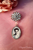 Single Photo Bouquet Charm on a Rhinestone Brooch.
