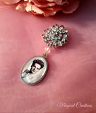 Single Photo Bouquet Charm on a Rhinestone Brooch.