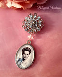 Single Photo Bouquet Charm on a Rhinestone Brooch.