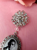 Single or Double Photo Bouquet Charm on a Rhinestone Brooch.