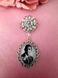 Single or Double Photo Bouquet Charm on a Rhinestone Brooch.