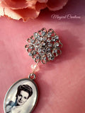 Single Photo Bouquet Charm on a Rhinestone Brooch.