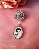 Single Photo Bouquet Charm on a Rhinestone Brooch.