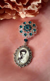 Single or Double Something Blue Bouquet Photo Charm on a Rhinestone Brooch.