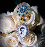 Single or Double Something Blue Bouquet Photo Charm on a Rhinestone Brooch.