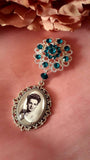 Single or Double Something Blue Bouquet Photo Charm on a Rhinestone Brooch.