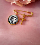 Gold Coloured Memorial Photo Lapel Pin With Cross