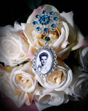 Single or Double Something Blue Bouquet Photo Charm on a Rhinestone Brooch.