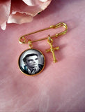 Gold Coloured Memorial Photo Lapel Pin With Cross